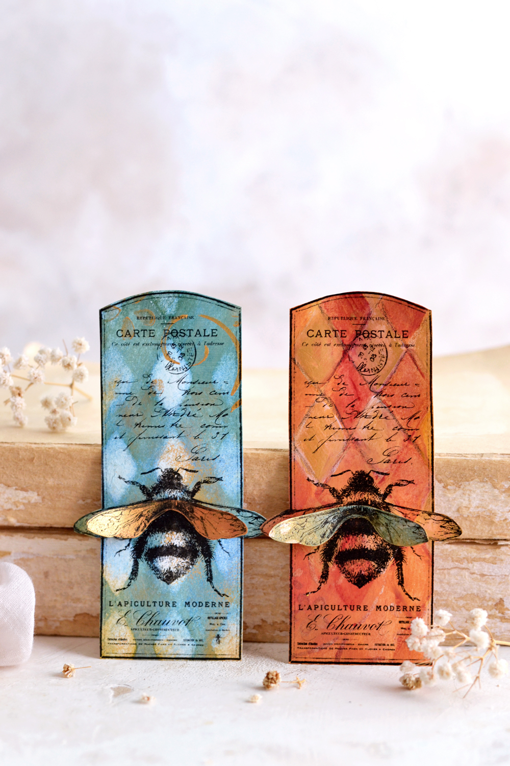 DIY 3D Vintage Bee Tag & how to paint on acrylic paint backgrounds #DIY #Vintage #frenchephemera #papercrafts #goldcrafts #bee #giftwrap #gifttags
