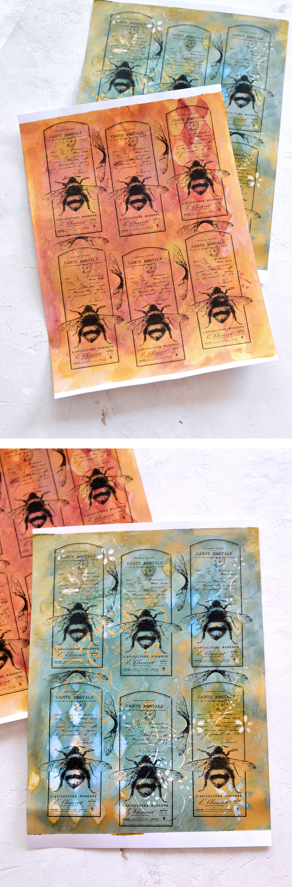Bee tags on painted paper