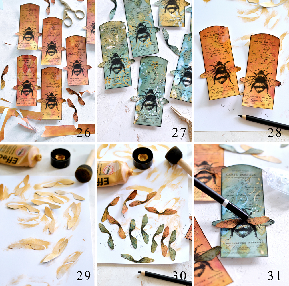 cutting out bee tags and adding wings