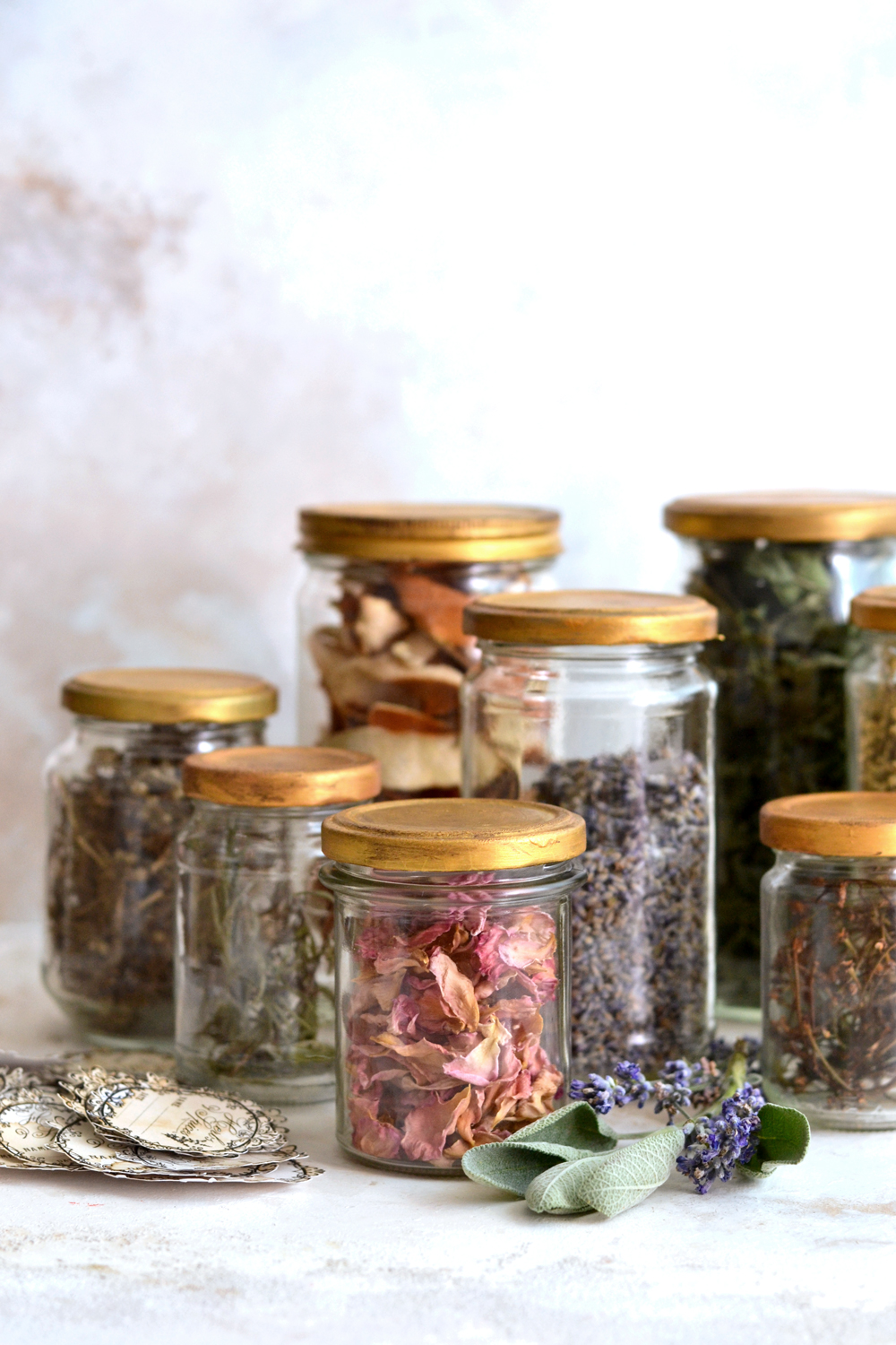 Jars with herbs and flowers