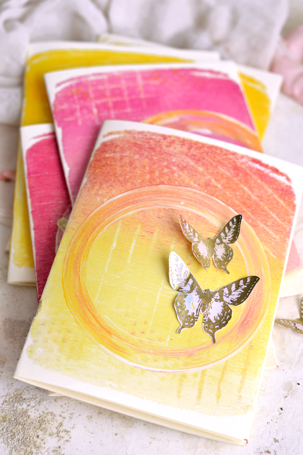 Gel print cards with butterfly