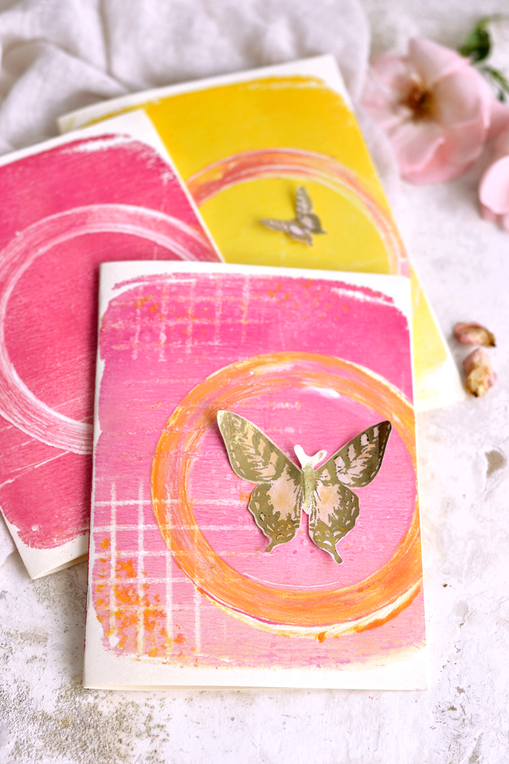 Gel print cards with butterfly