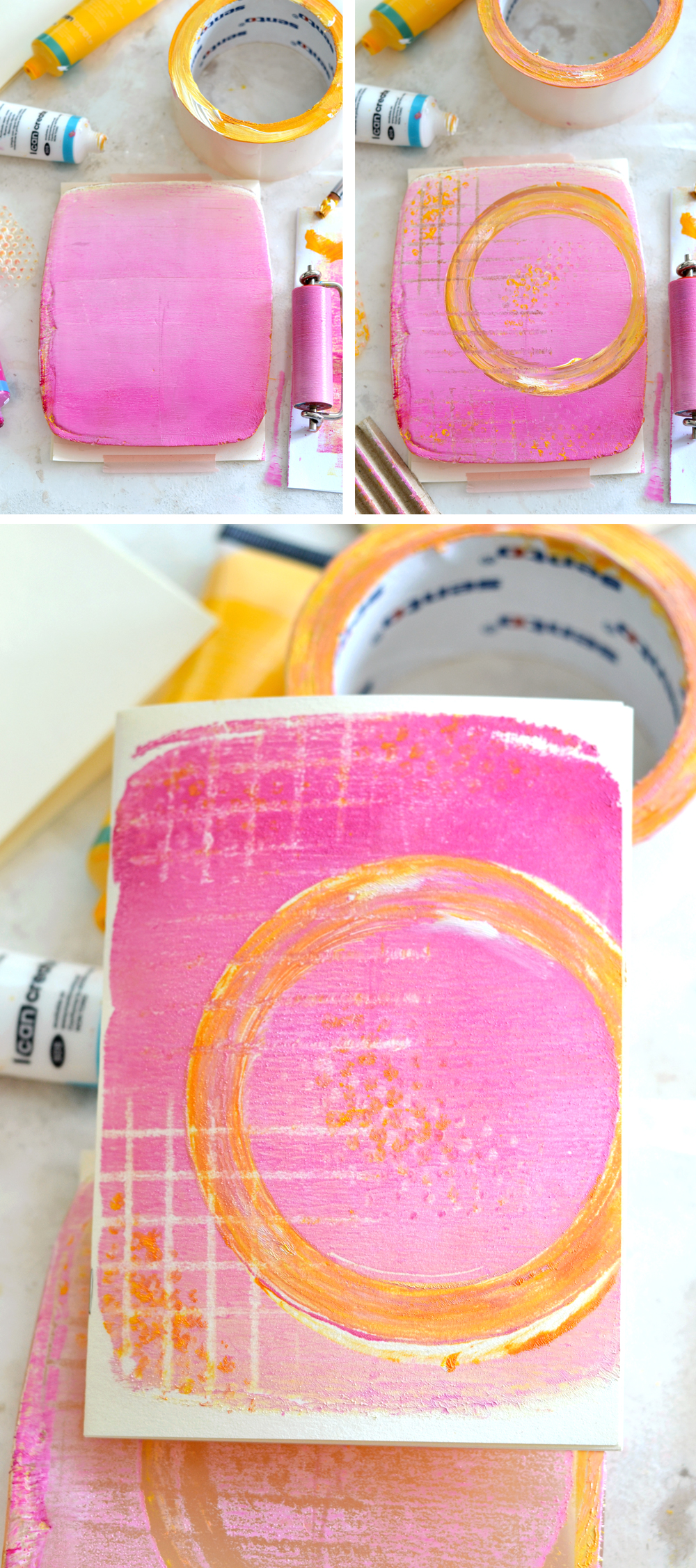 Gel print cards with circles and tape roll