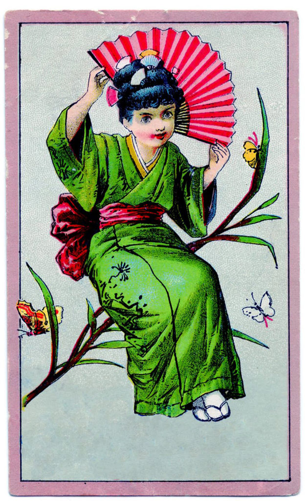 vintage girl kimono card illustration