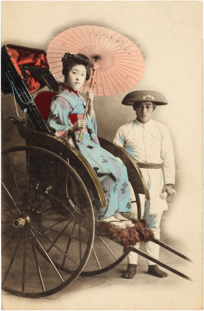 vintage japan lady kimono parasol rickshaw image