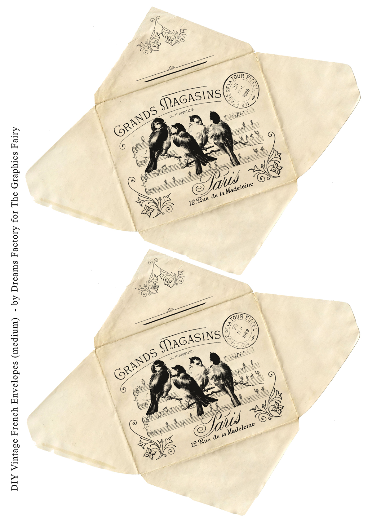 French bird collage on envelopes
