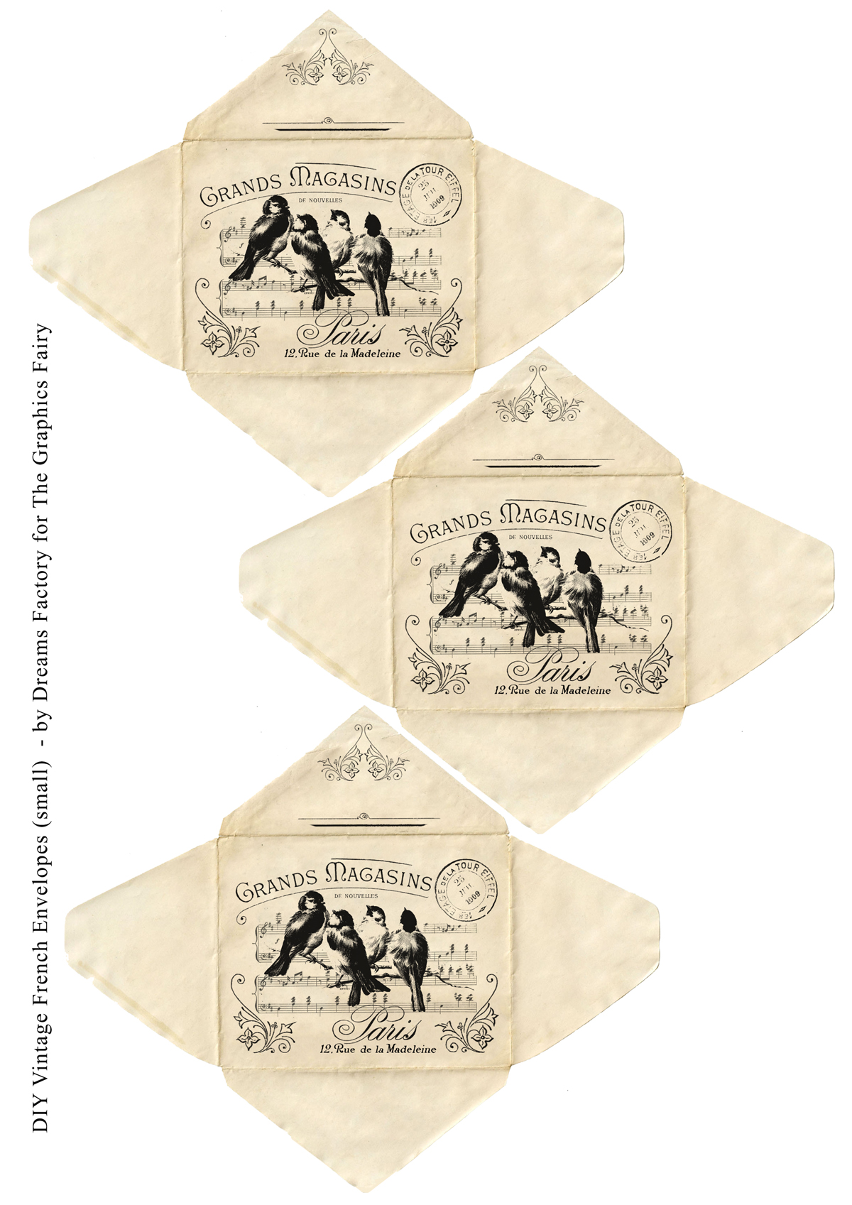French bird collage on envelopes printable