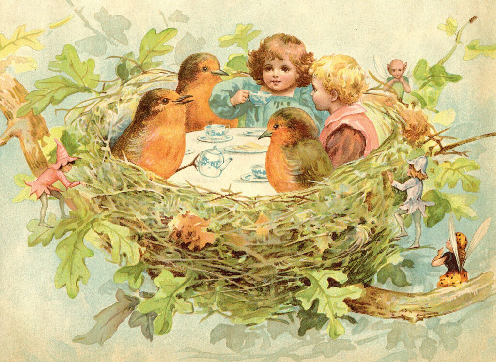 children in nest tea part birds clipart