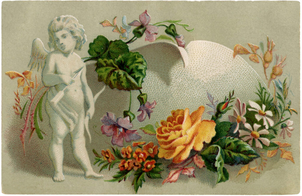 vintage cupid statue flowers illustration