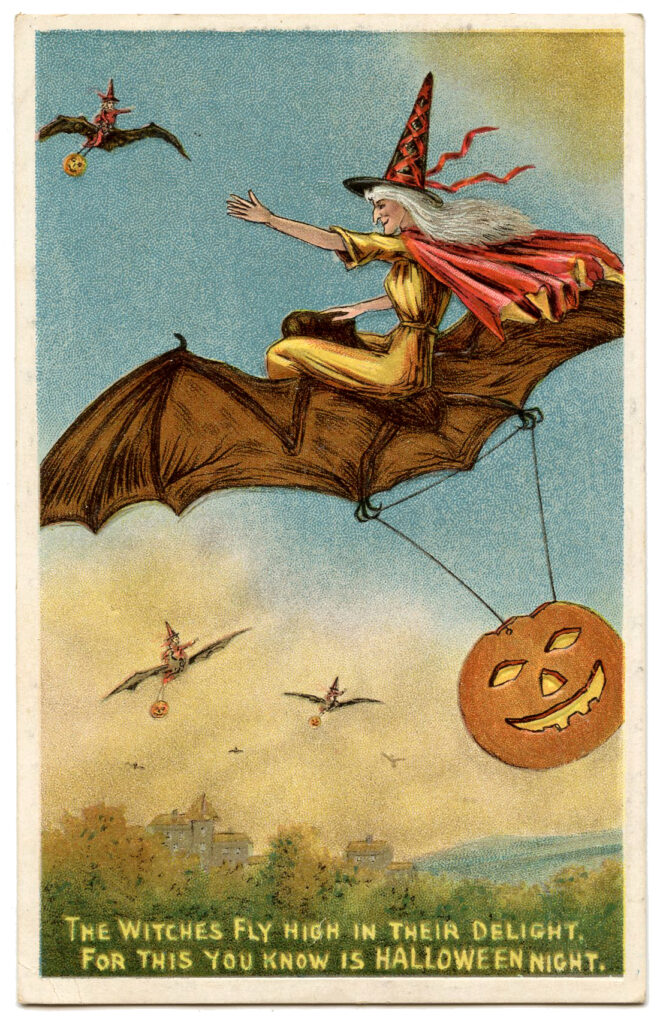 Halloween Witch Flying on Bat