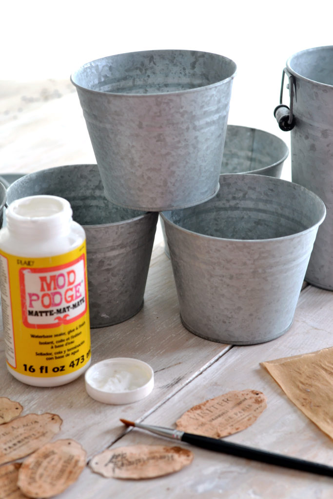 galvanized pots with mod podge