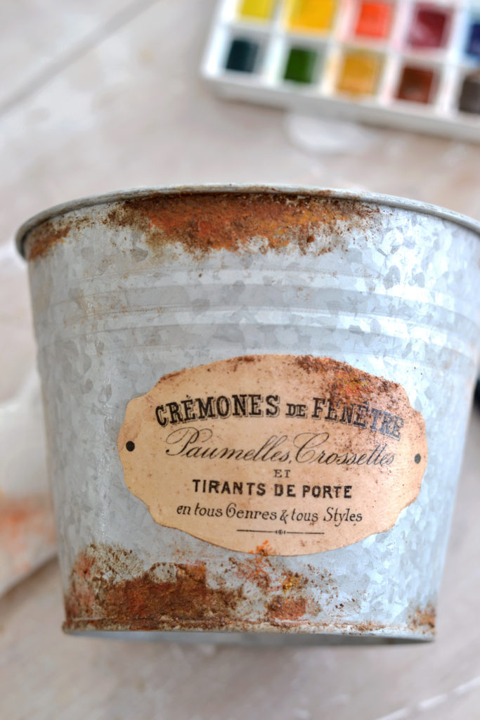 finished rust labels on galvanized pots