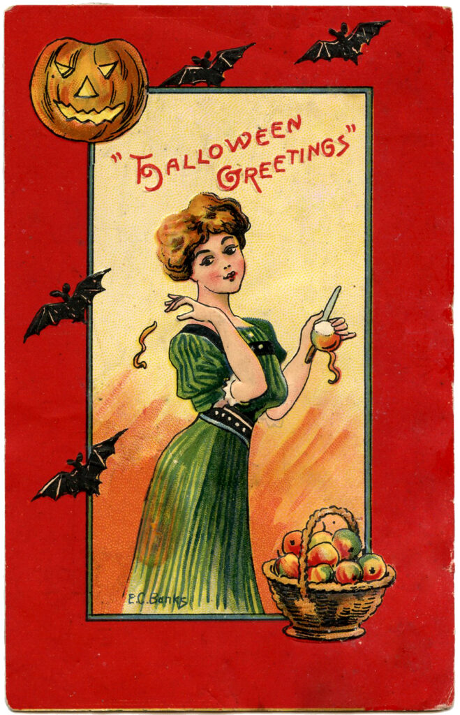 Halloween Lady with Bats and Apples