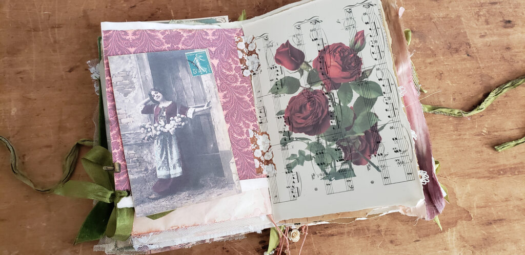 roses printed on vintage sheet music paper