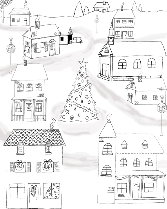 Christmas town vintage illustration