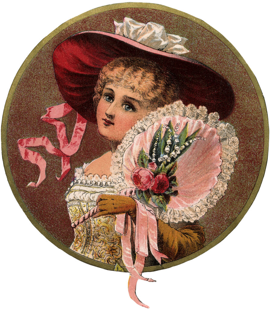 Victorian girl hat fan illustration