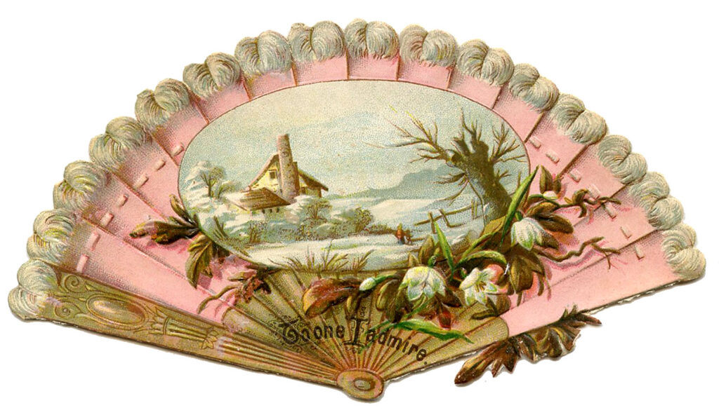 vintage pink fan winter landscape illustration