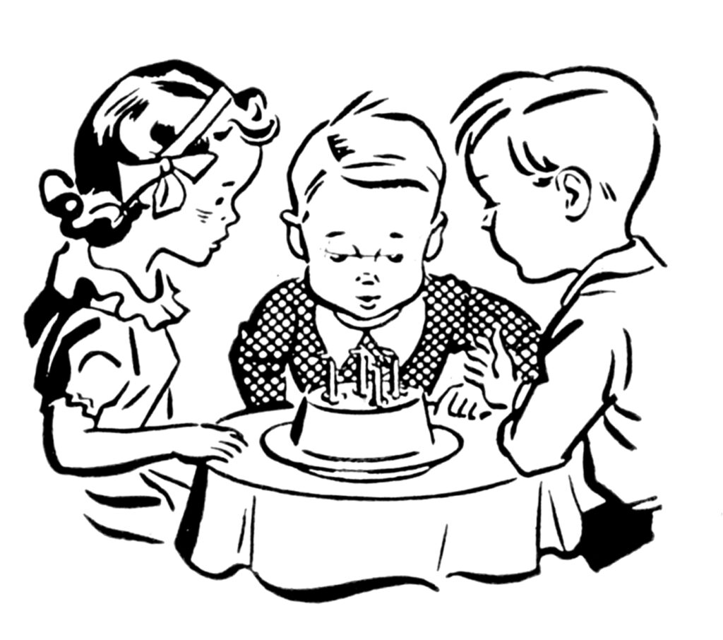 Kids at birthday party with cake blowing out candles clipart