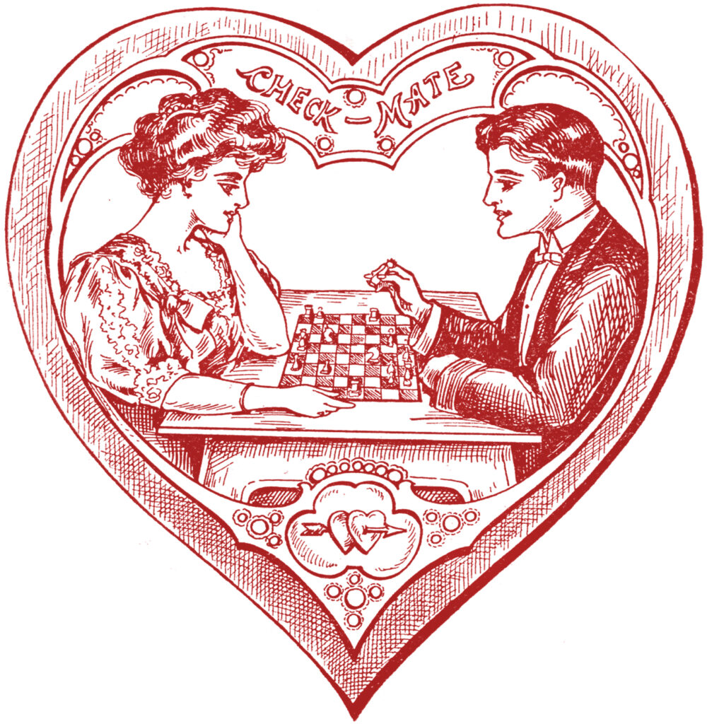 Victorian red heart couple chess image