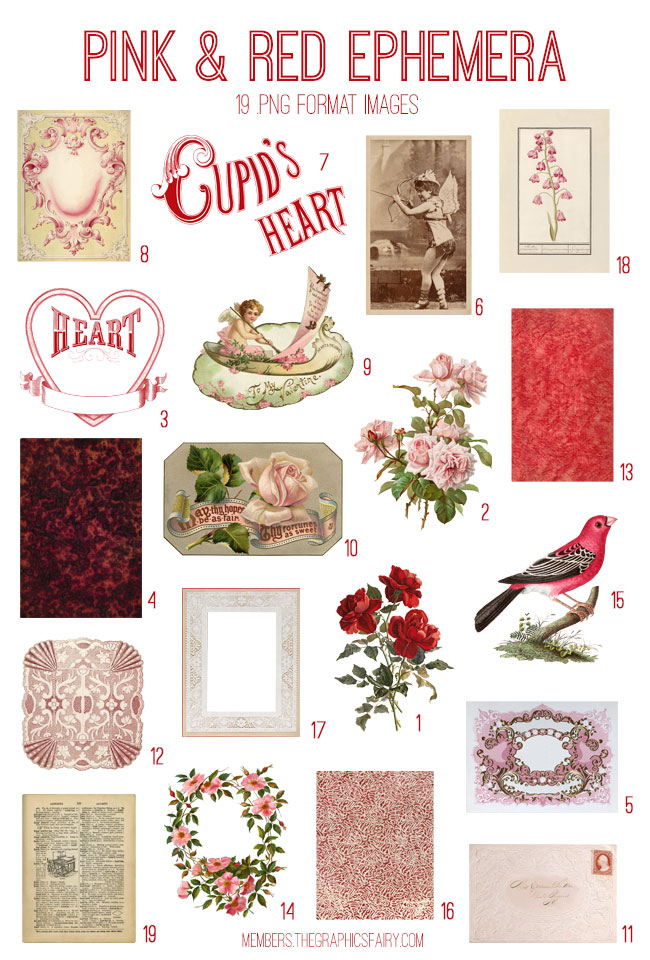 vintage pink & red ephemera digital image bundle