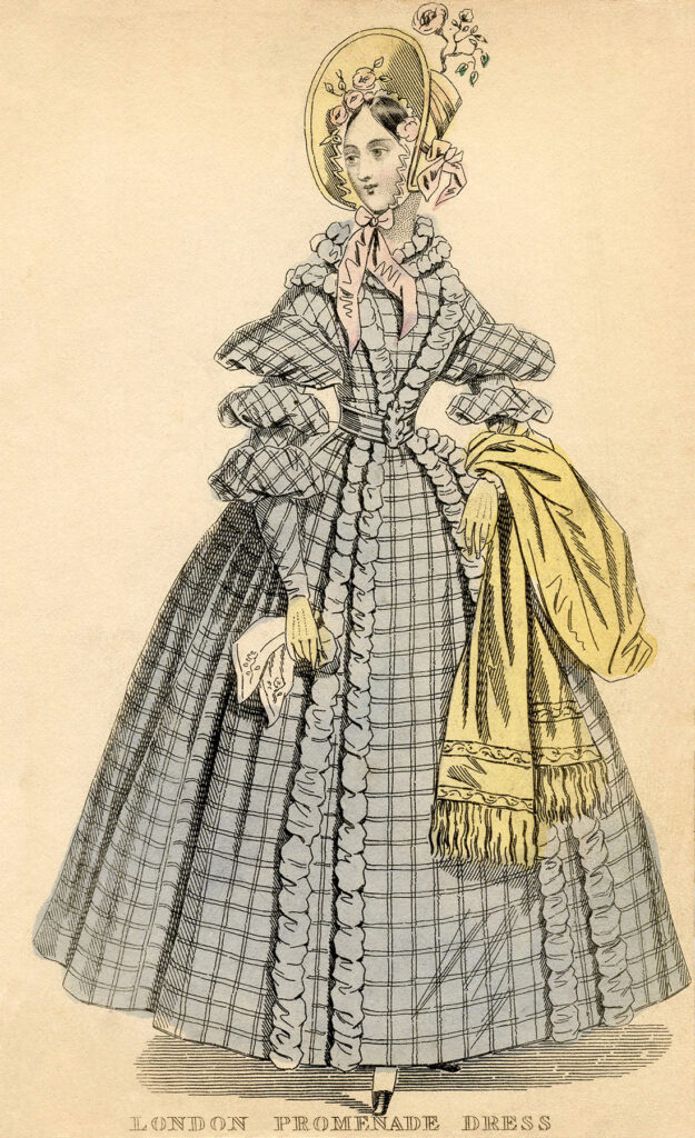 antique London plaid dress fashion illustration