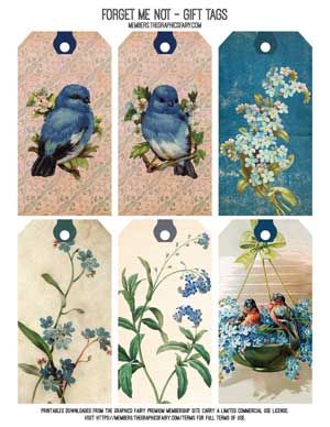 blue flowers and birds collage tags