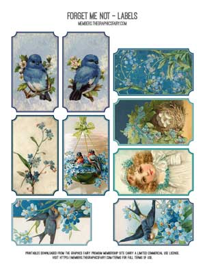 blue flowers and birds collage labels
