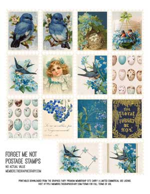 blue flowers and birds collage stamps