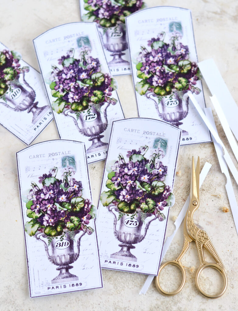 Vintage French Violet Tags - distressed with makeup!