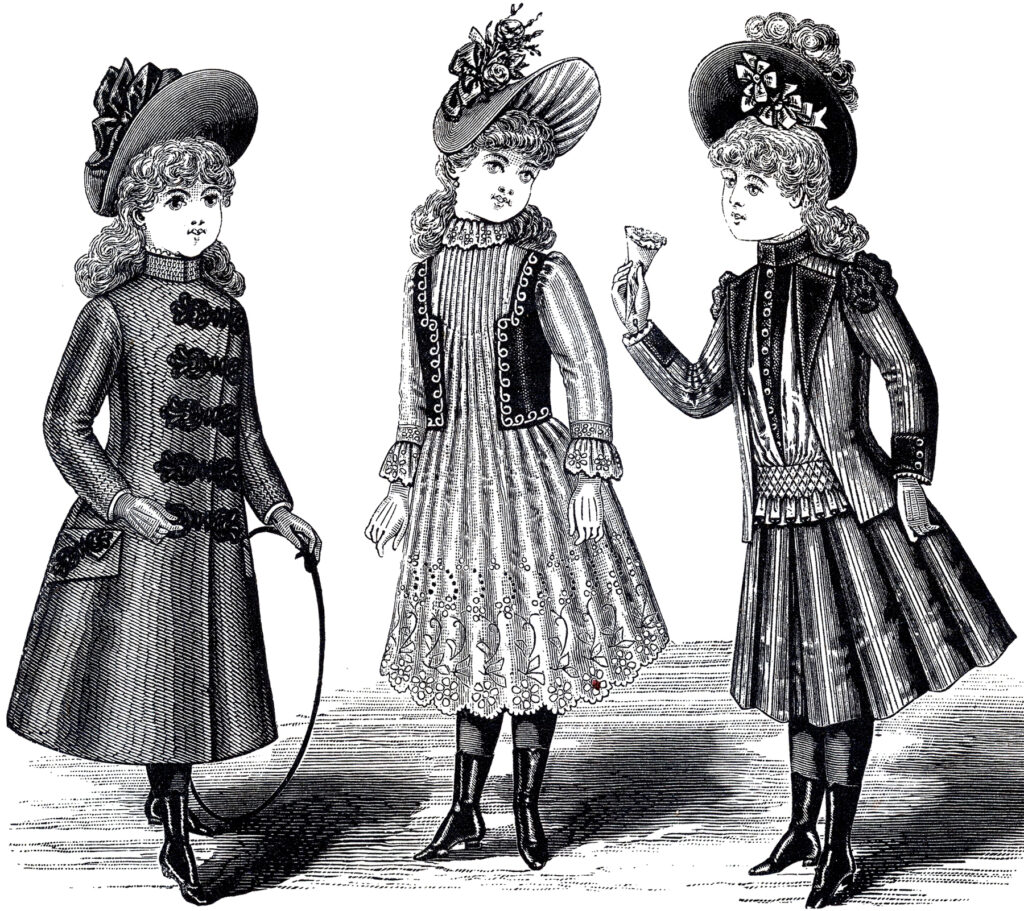 black white girl's Victorian fashion clipart