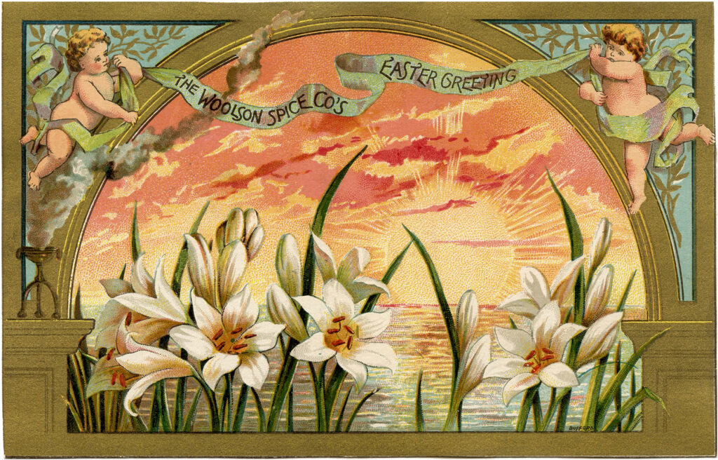 Easter card cherubs daffodils sky image