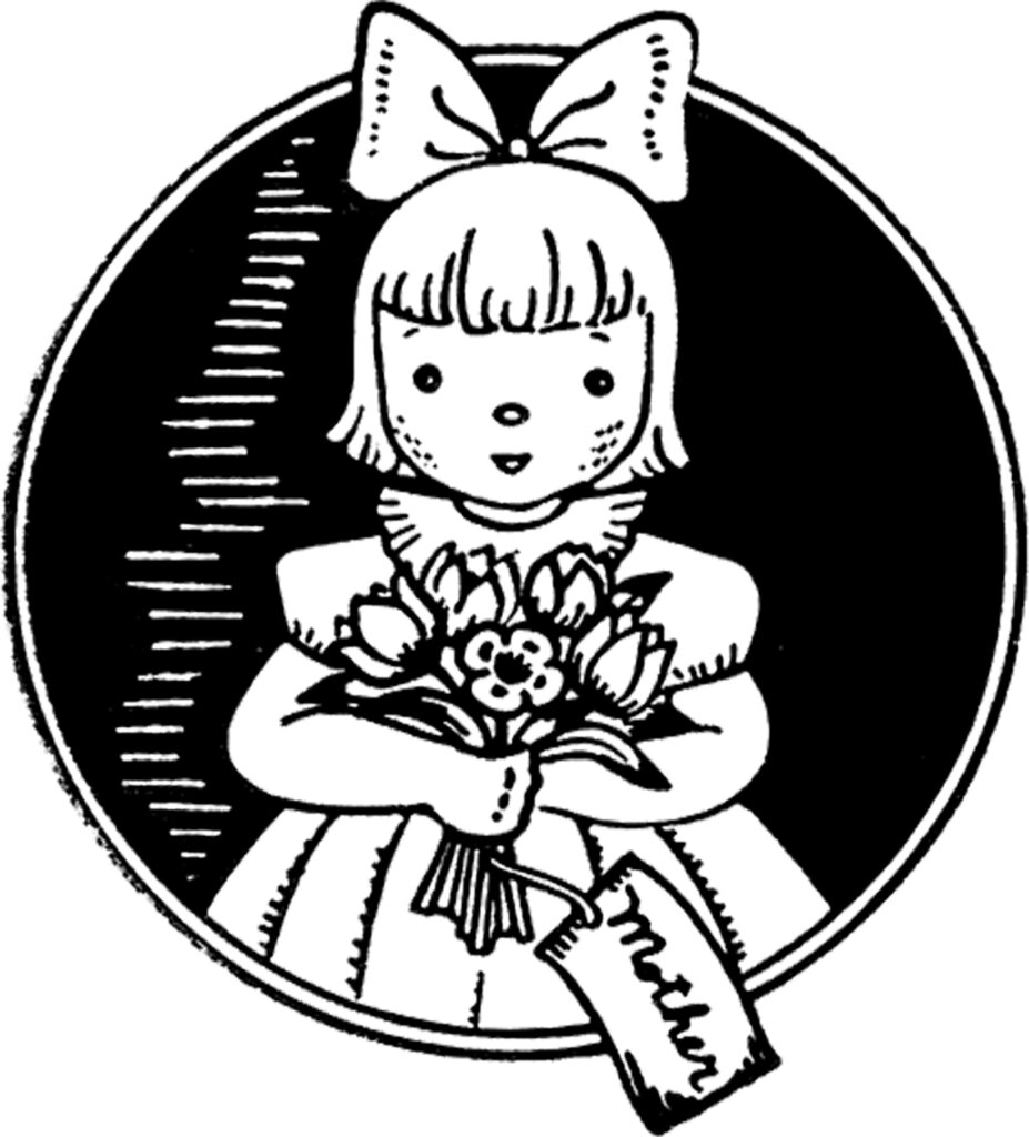 vintage cute girl bow bouquet flowers clipart