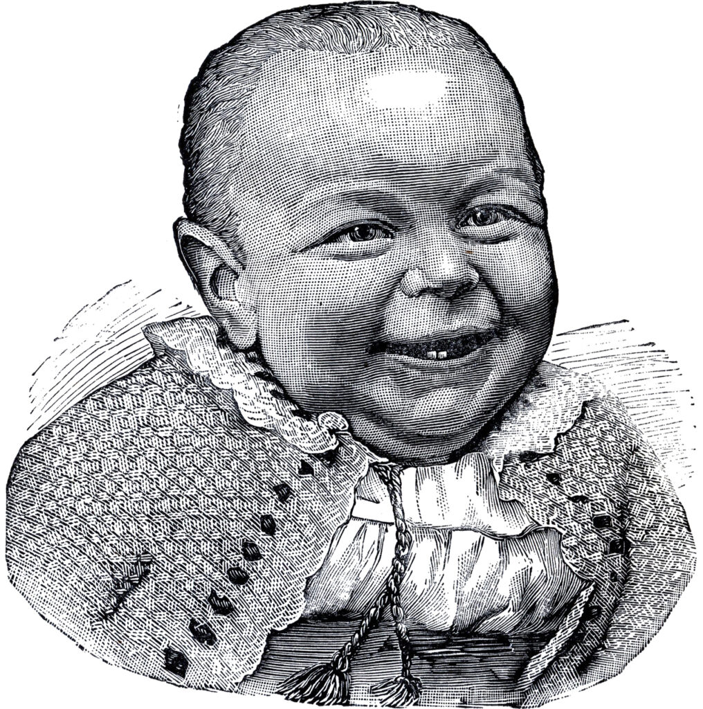 smiling happy baby vintage etching image