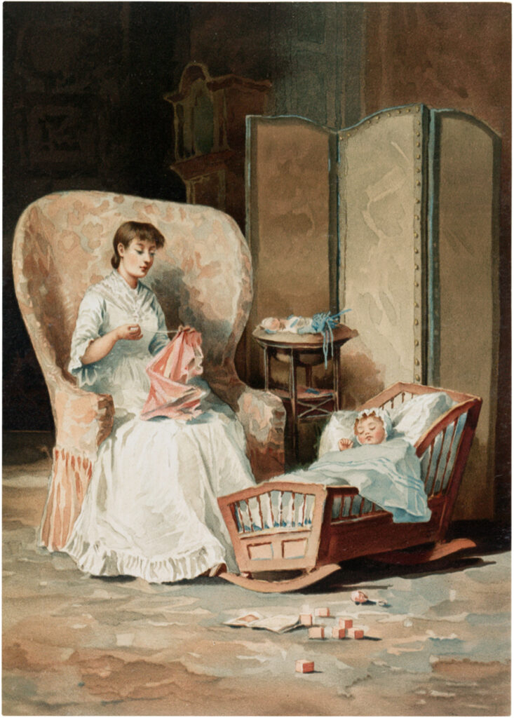 mother sewing infant cradle illustration