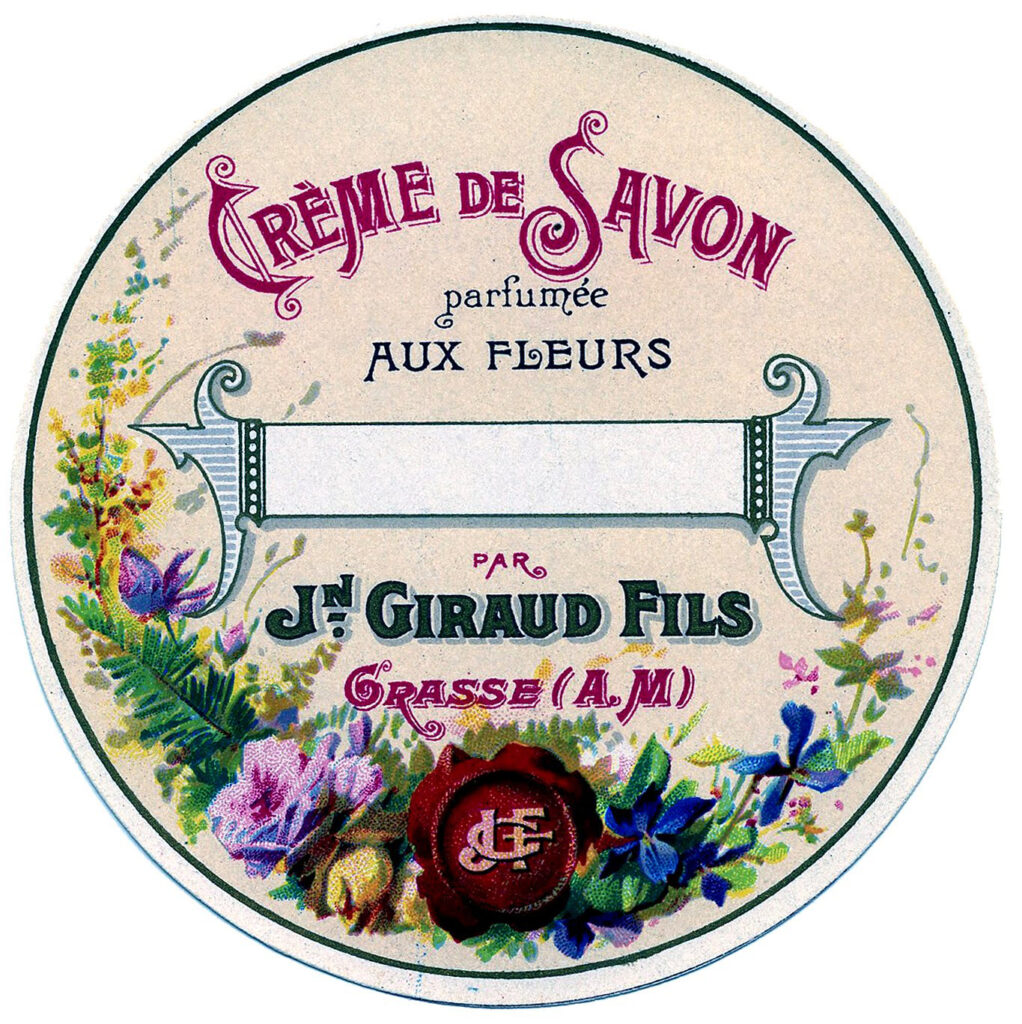 French soap label flowers round illustration