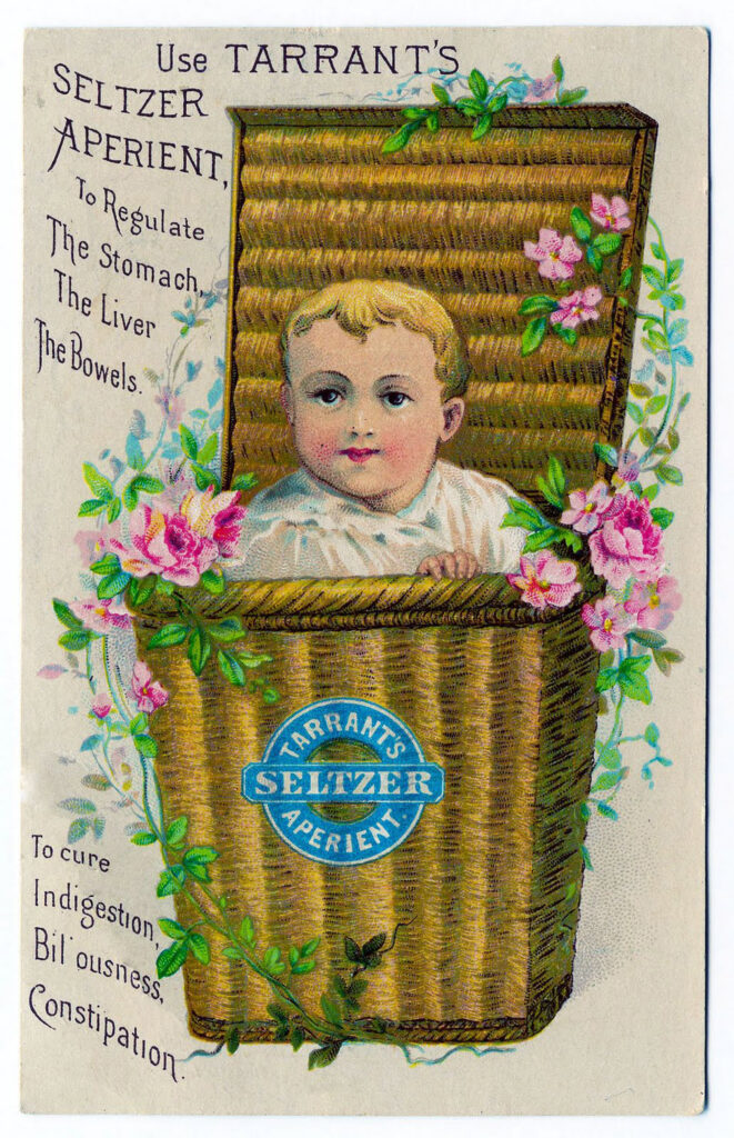 tradecard baby basket flowers vinage image