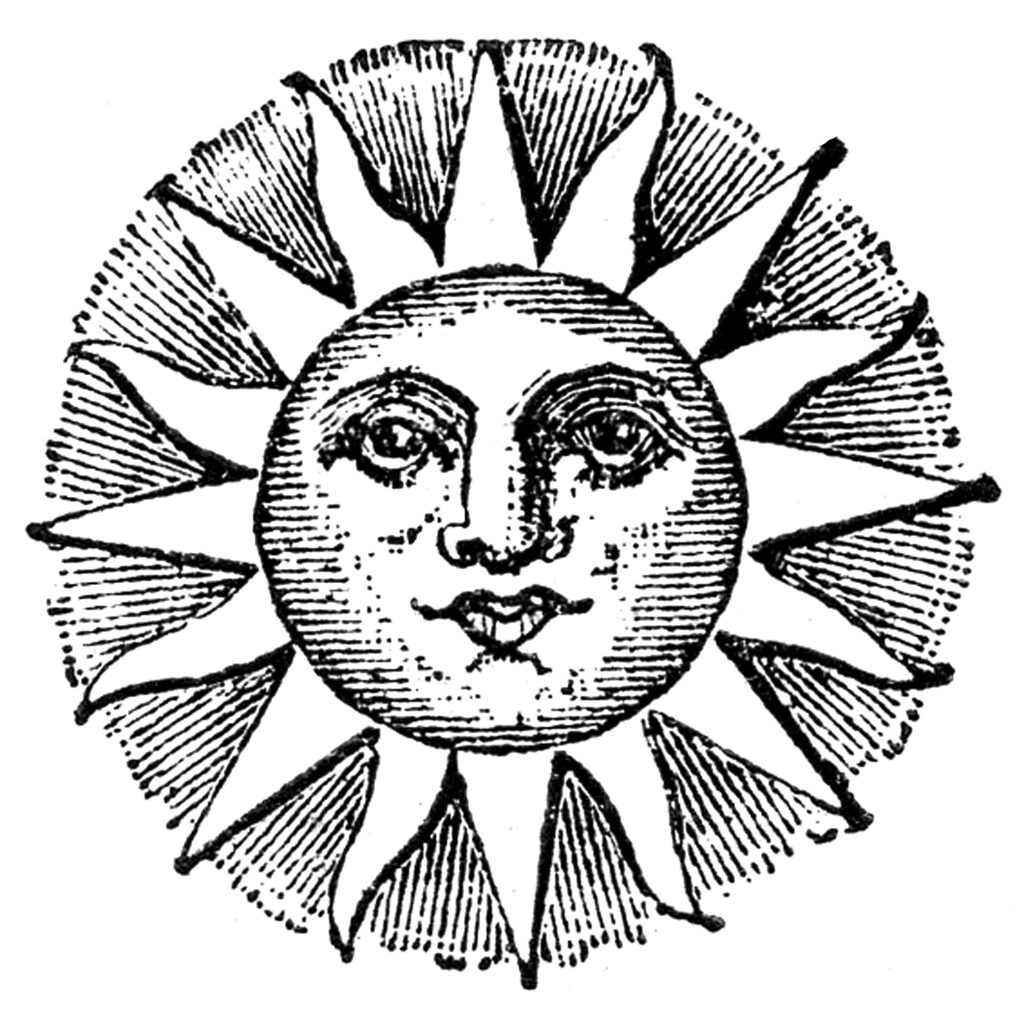 black white vintage sun face illustration