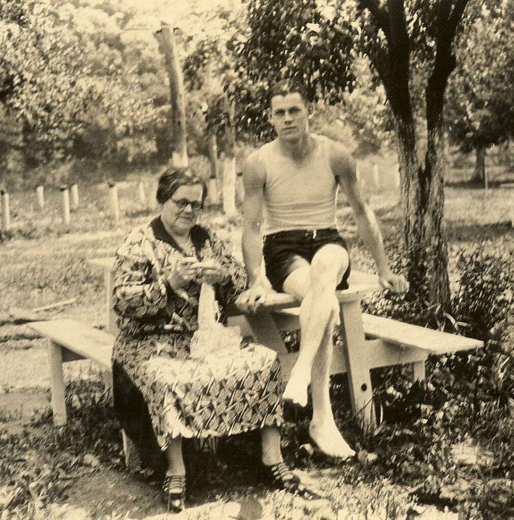 Mother son picnic table vintage photo image