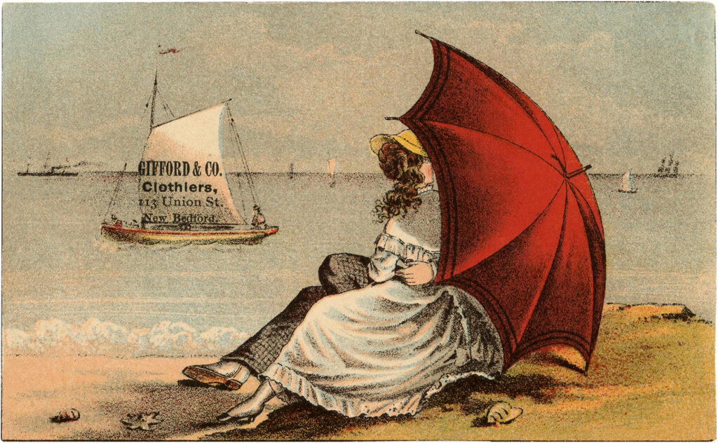 couple sea sailboat red parasol illustration