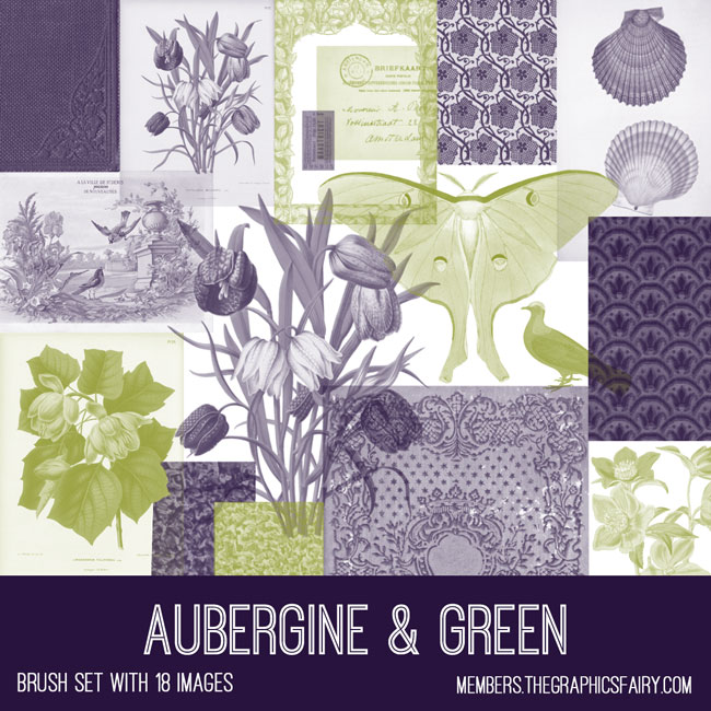 vintage aubergine & green ephemera brush set