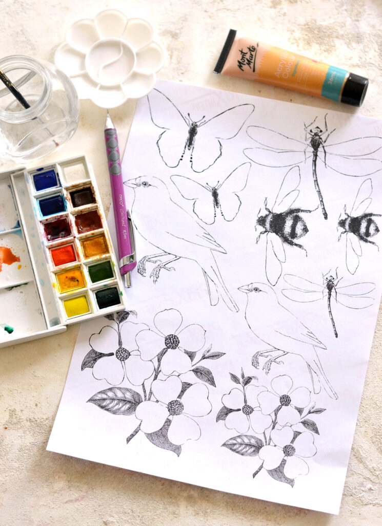 Printable birds and bees line art with paints