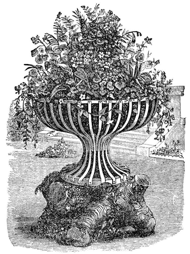 black white urn flowers garden illustration