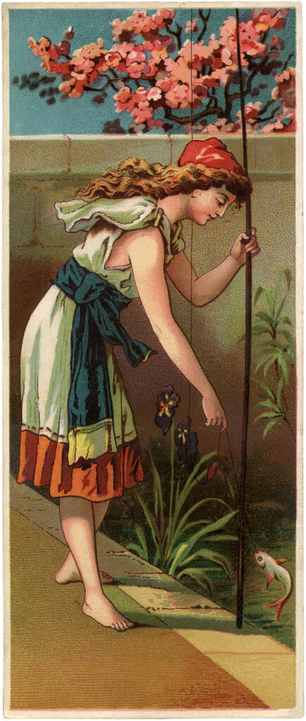 lady fishing vintage illustration