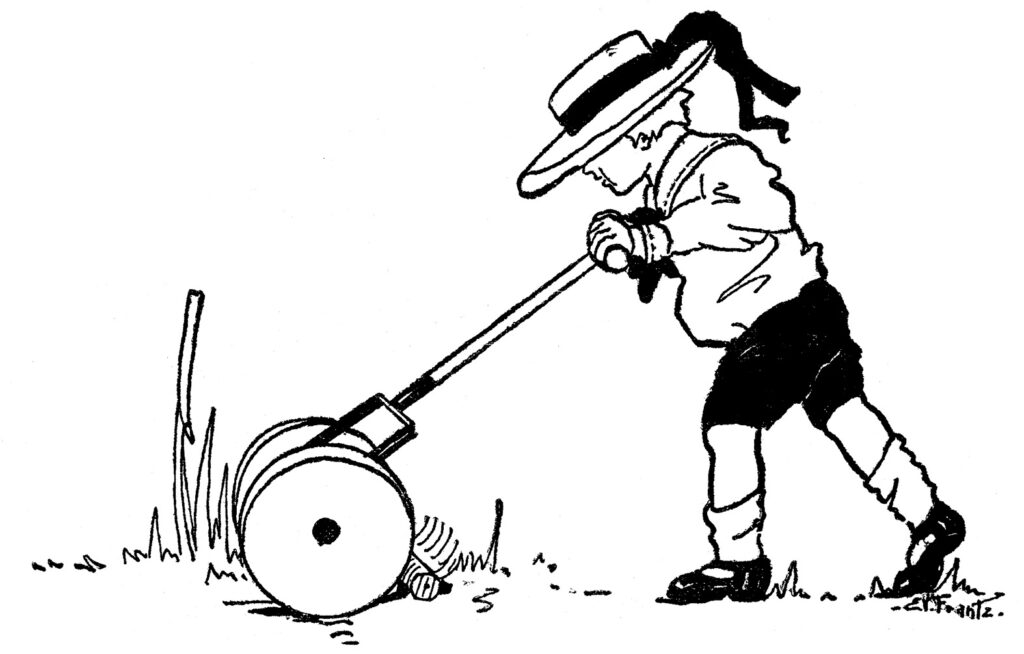 Lawn Mower Clipart with young bow mowing lawn