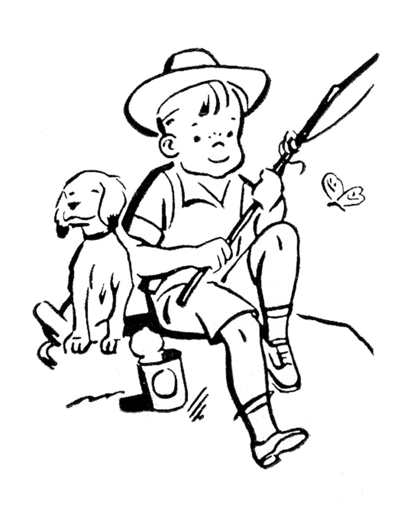 retro boy dog fishing image