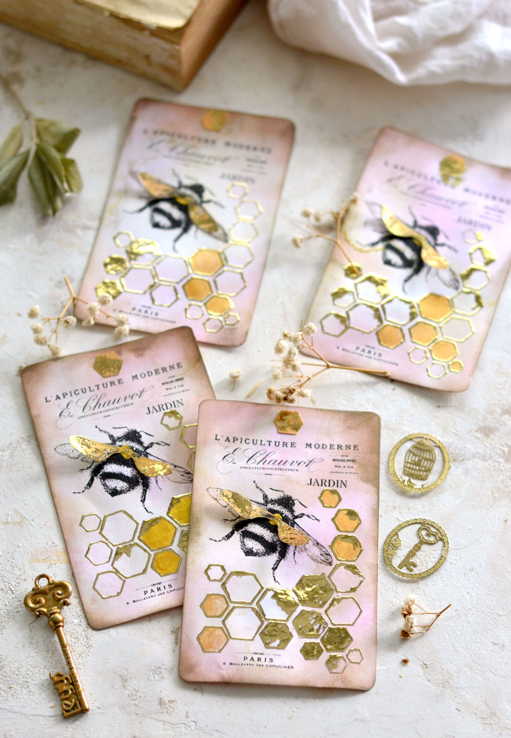 vintage French Gold Foil Honeycomb & Bee Tags