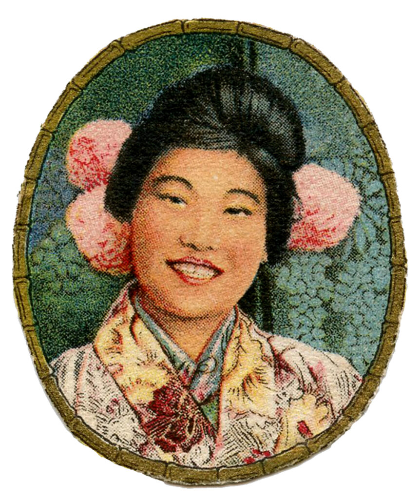 vintage Asian lady flowers peonies hairstyle illustration