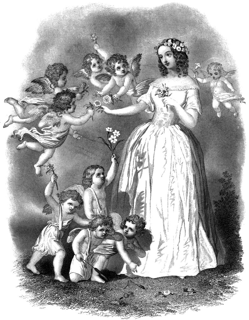 Victorian lady cherubs flowers hair illustration