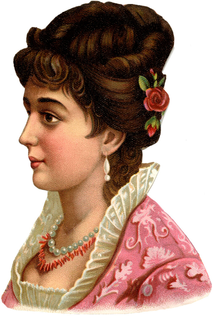 vintage lady pink dress flowers hair image