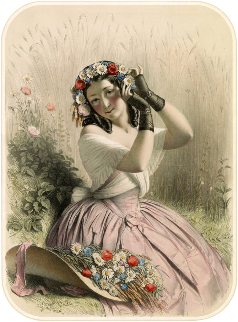 Victorian lady flowers hair hat image